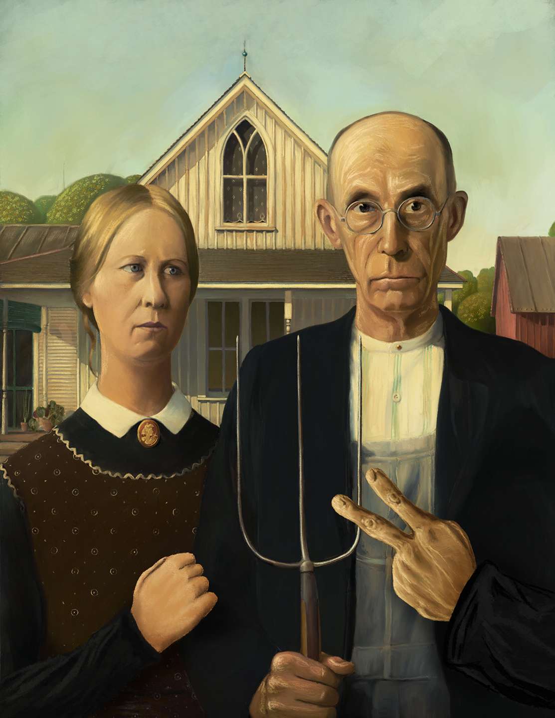American Gothic Farmers Playing Rock Paper Scissors