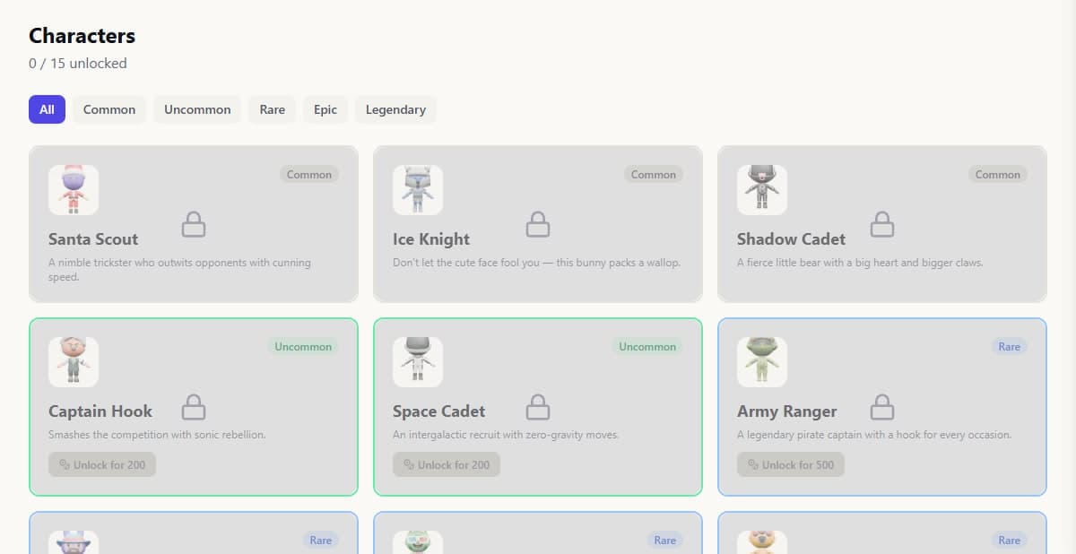 The WRPSA character roster, showing which fighters a player has unlocked.