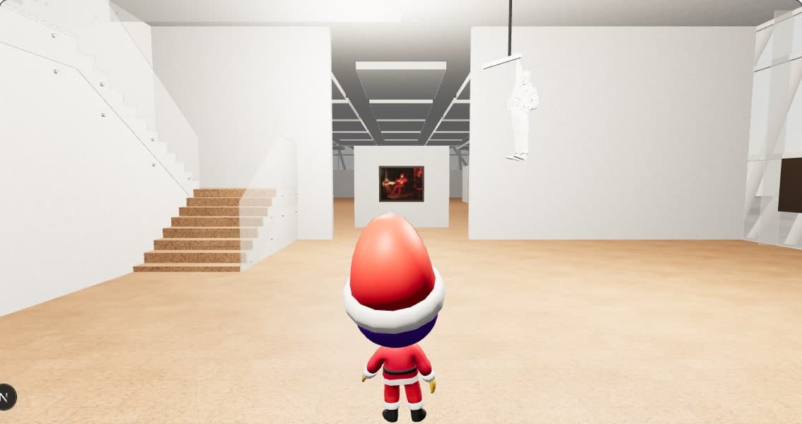 The WRPSA 3D Gallery. A player character stands in a white museum hall with art on the walls.