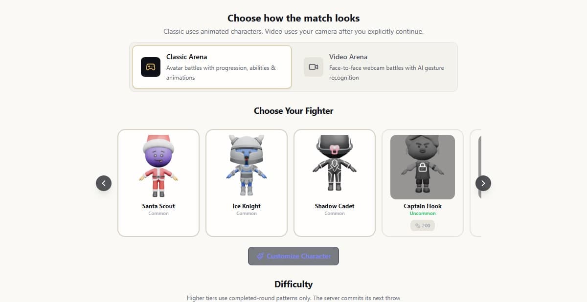 The practice table on wrpsa.com, showing the character and format choices before a match.