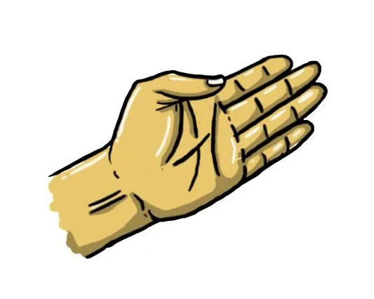 Illustrated paper hand sign: a flat open hand with the fingers together