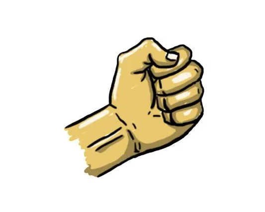 Illustrated rock hand sign: a closed fist with the thumb wrapped across the front