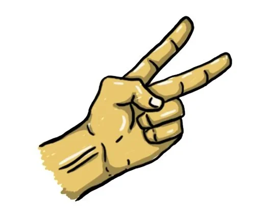 Illustrated scissors hand sign: index and middle fingers open in a V, other fingers folded